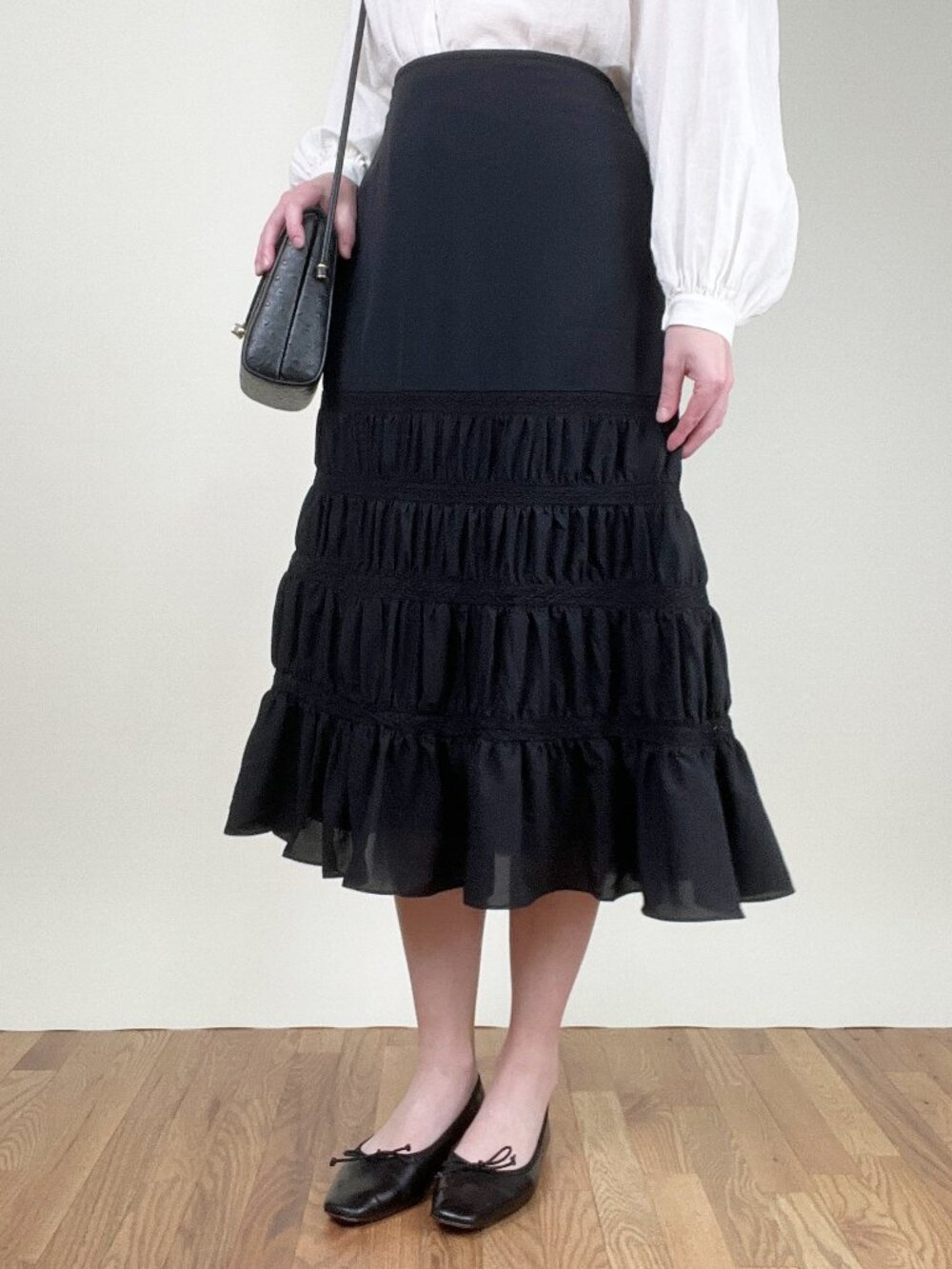 Vintage Liz Claiborne Whimsigoth Black Midi Skirt Lace Tiered Sheer Boho Witchy